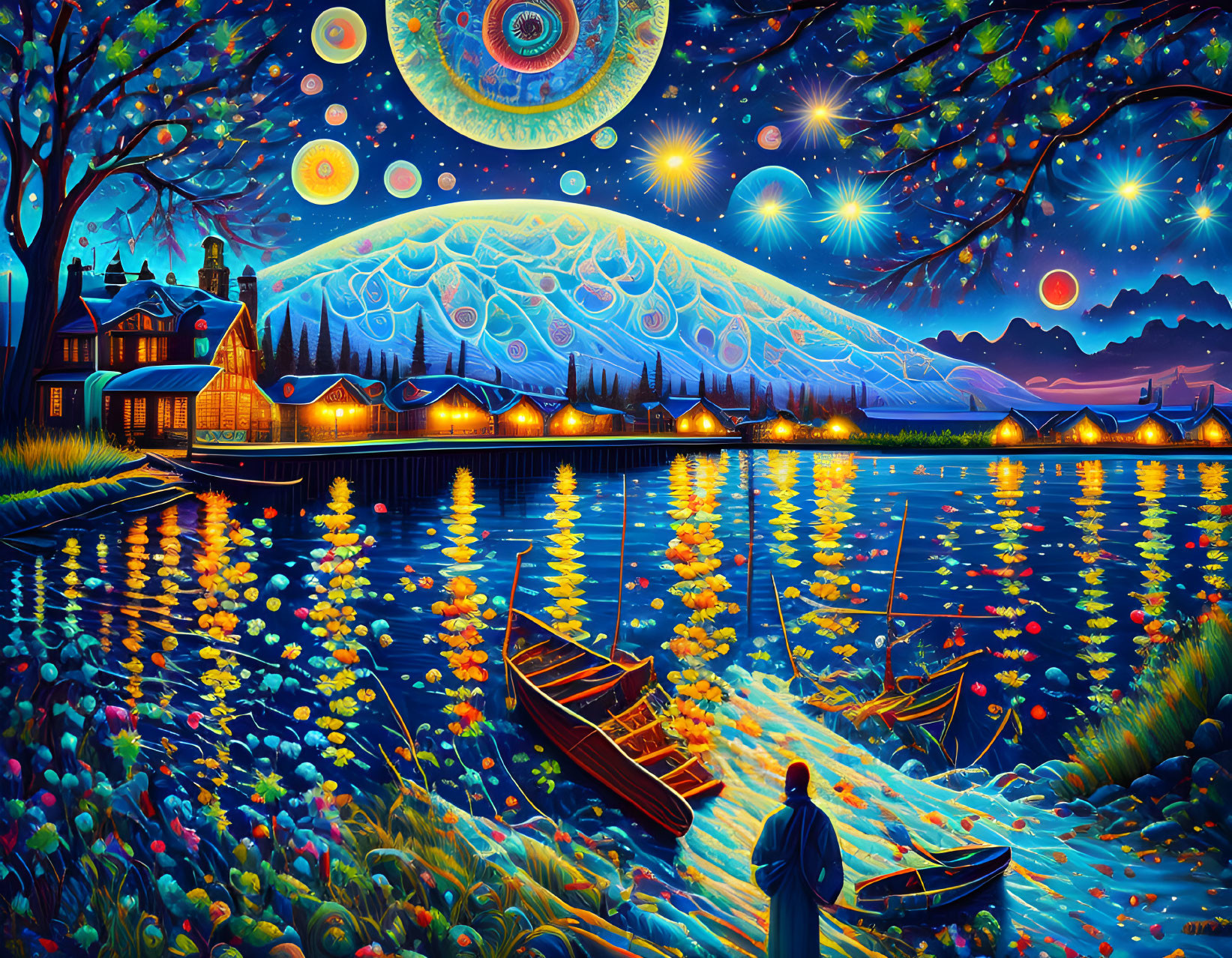 Colorful night scene by a lake with boats, foliage, lights, and animated mountain.