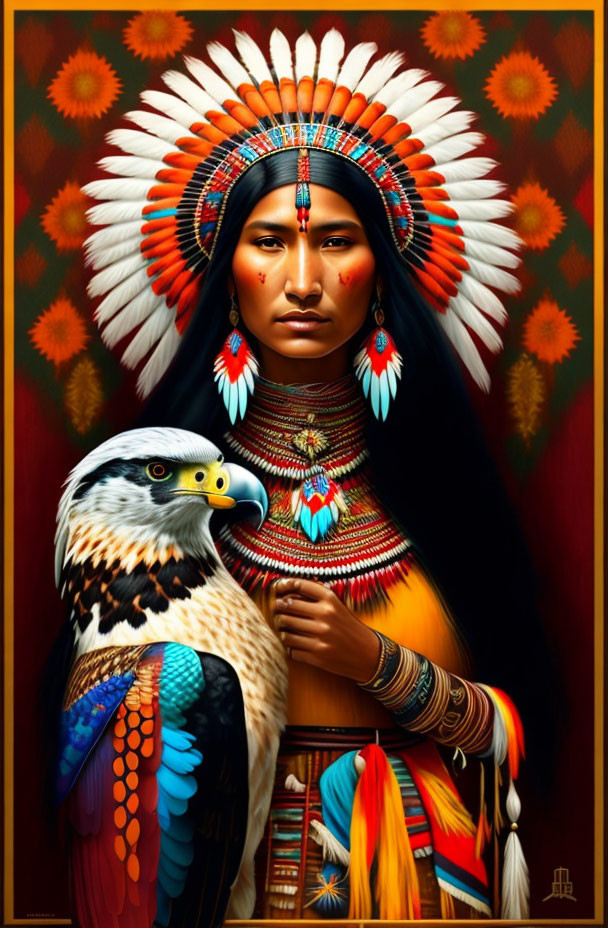 Detailed Native American attire with headdress, jewelry, and eagle.