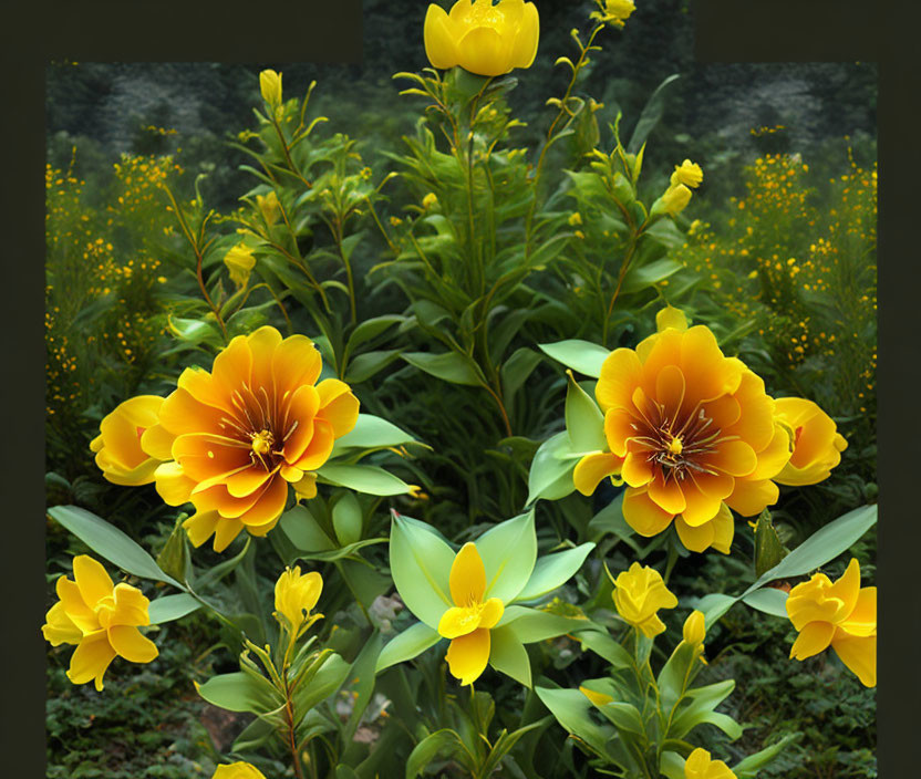 Yellow Flowers Against Dark Green Foliage Display