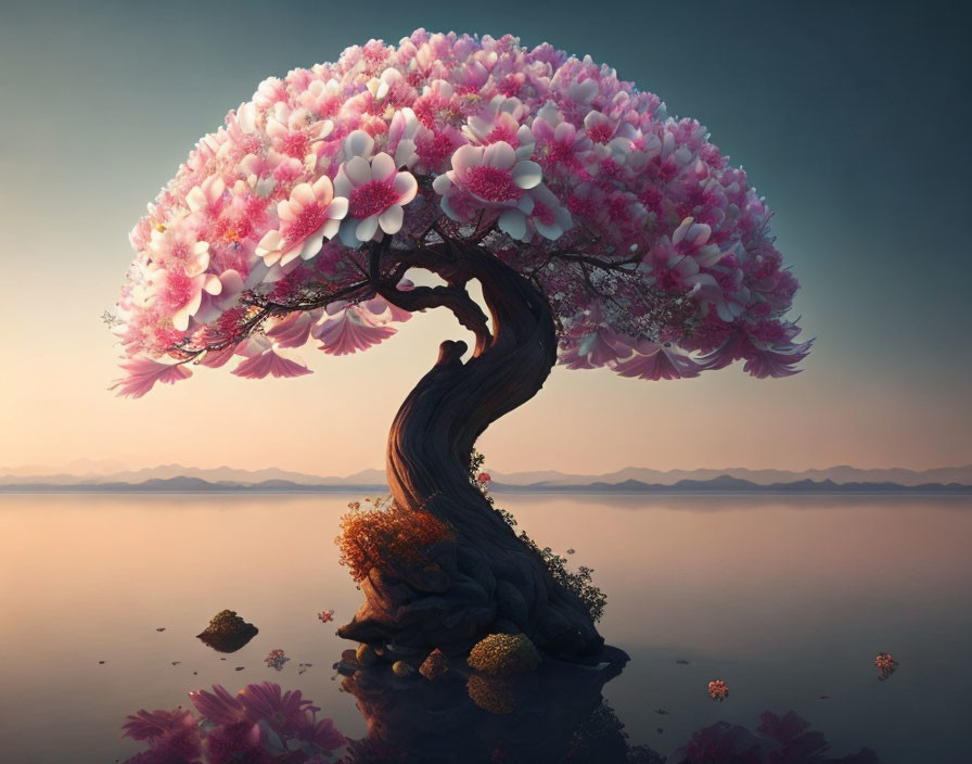 Majestic tree with vibrant pink blossoms by tranquil waters