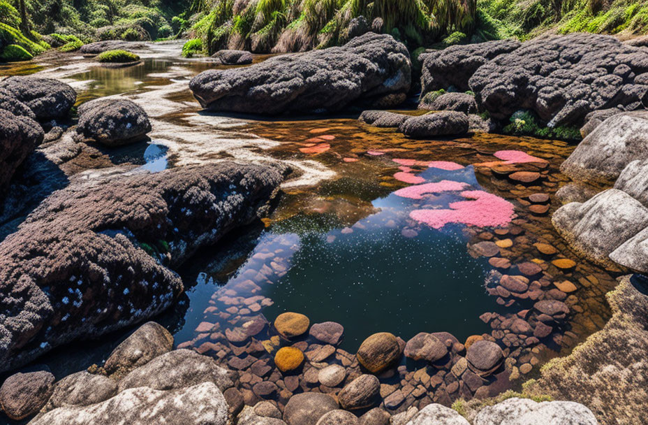 Tranquil river scene with clear water, brown pebbles, moss-covered boulders,