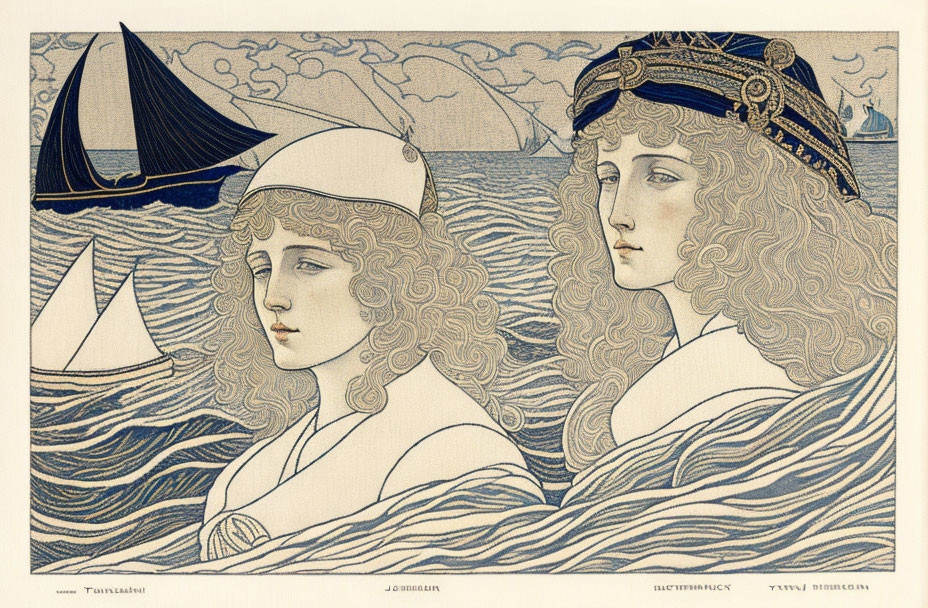 Two women with intricate hairstyles against a sea backdrop. Vintage art-nouveau style.