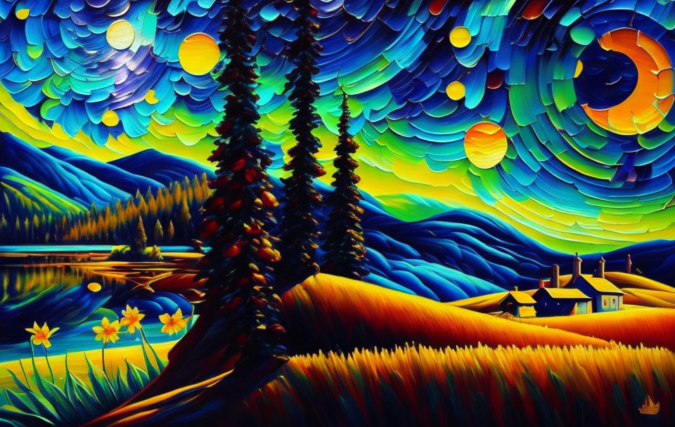 Colorful landscape painting with swirl patterns, evergreen trees, lake, hills, house, and celestial