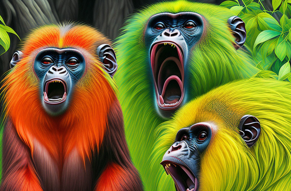 Vibrant mandrill monkeys in lush green foliage