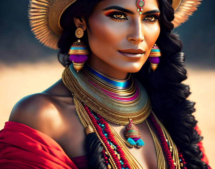 Woman with Vibrant Jewelry and Makeup Staring Intensely