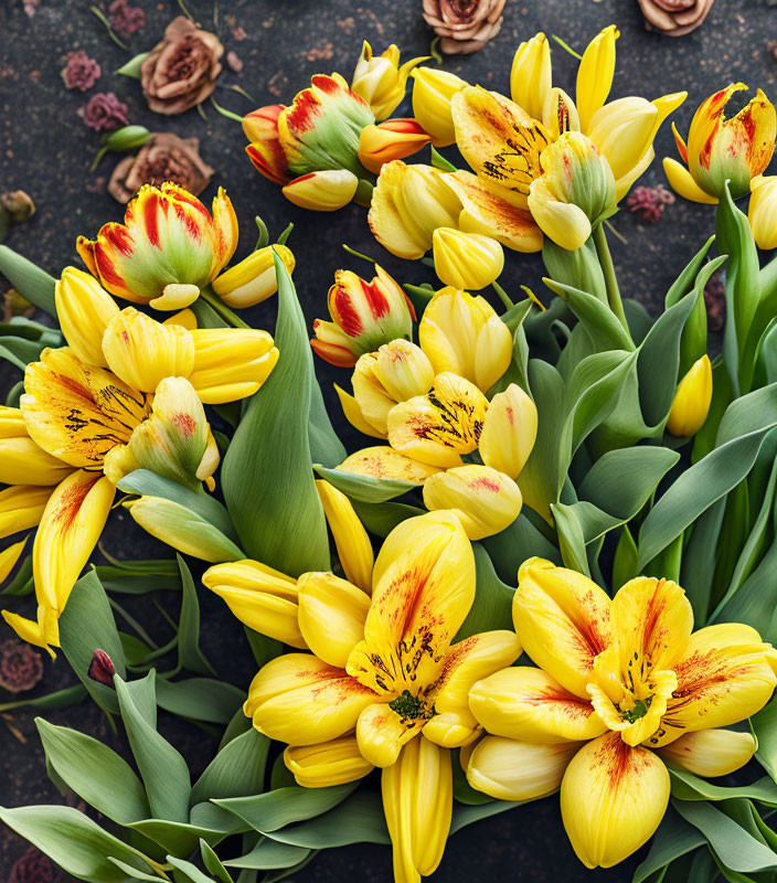 Colorful Striped Tulips on Dark Background