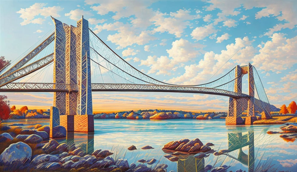 Scenic autumn suspension bridge over calm river in vibrant artwork