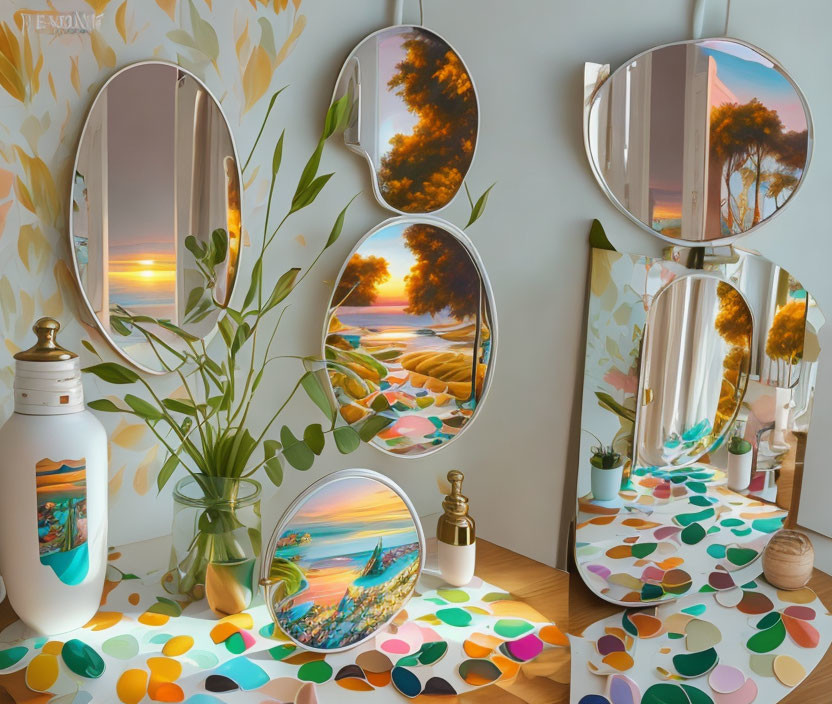 Vibrant vanity room with multiple mirrors reflecting sunset beach scene