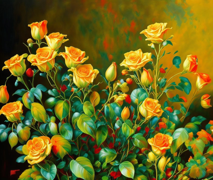 Yellow roses painting with green leaves on warm blurred background