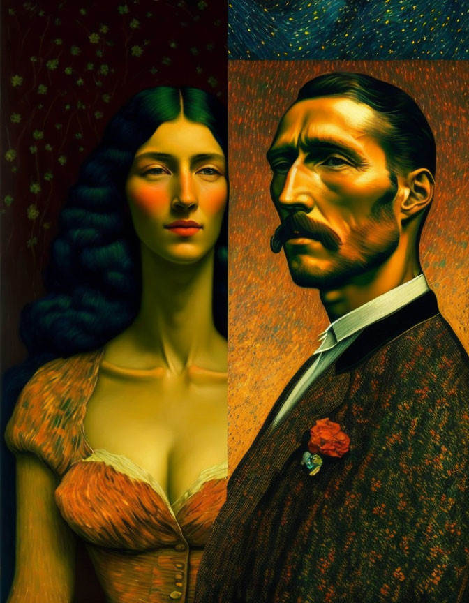 Classical portraits of a woman and man with stylized features on starry floral backdrop