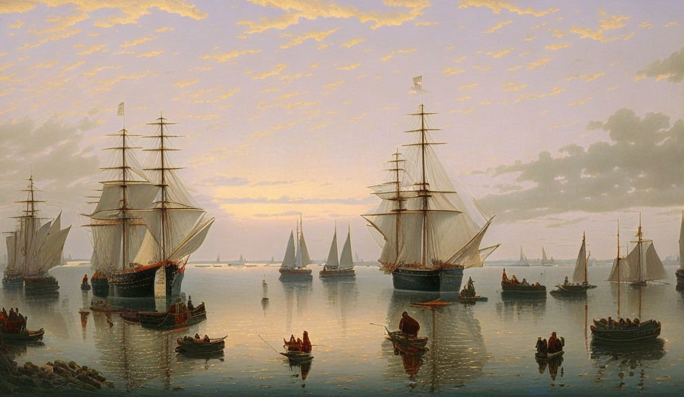 Various sailing ships on calm waters at sunset with rowboats and serene sky