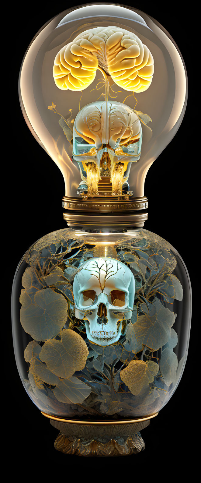 Digital Artwork: Lightbulb, Brain, Skull, Foliage in Golden Tones