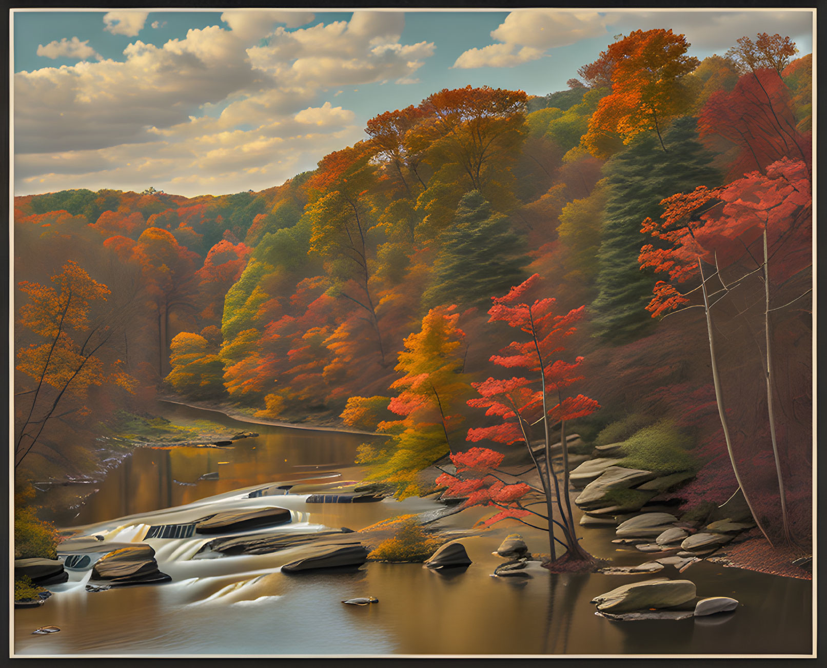 Tranquil autumn river landscape with golden trees and scattered rocks