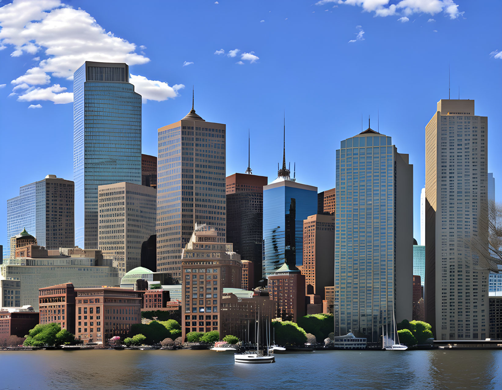 Modern city skyline with skyscrapers and boats under clear blue sky