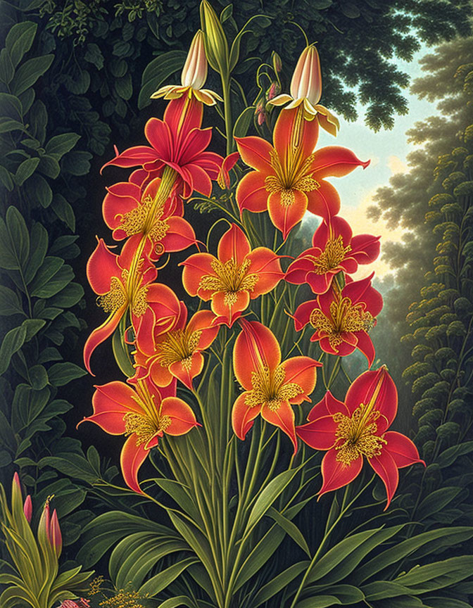 Colorful red and yellow flowers in lush green foliage with soft sunlit background.