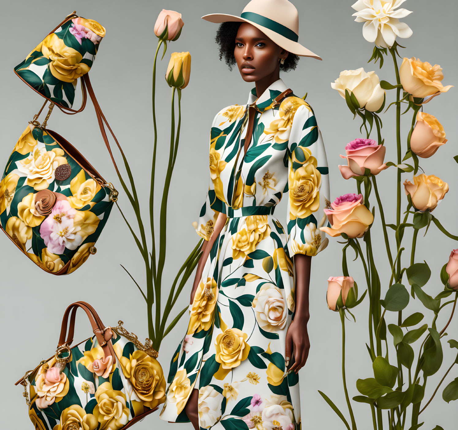 Fashion model wears floral dress and accessories against backdrop with matching flower motifs.