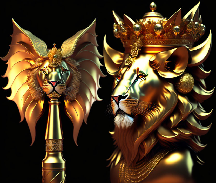 Regal lion with golden crown and ornate mane on black background