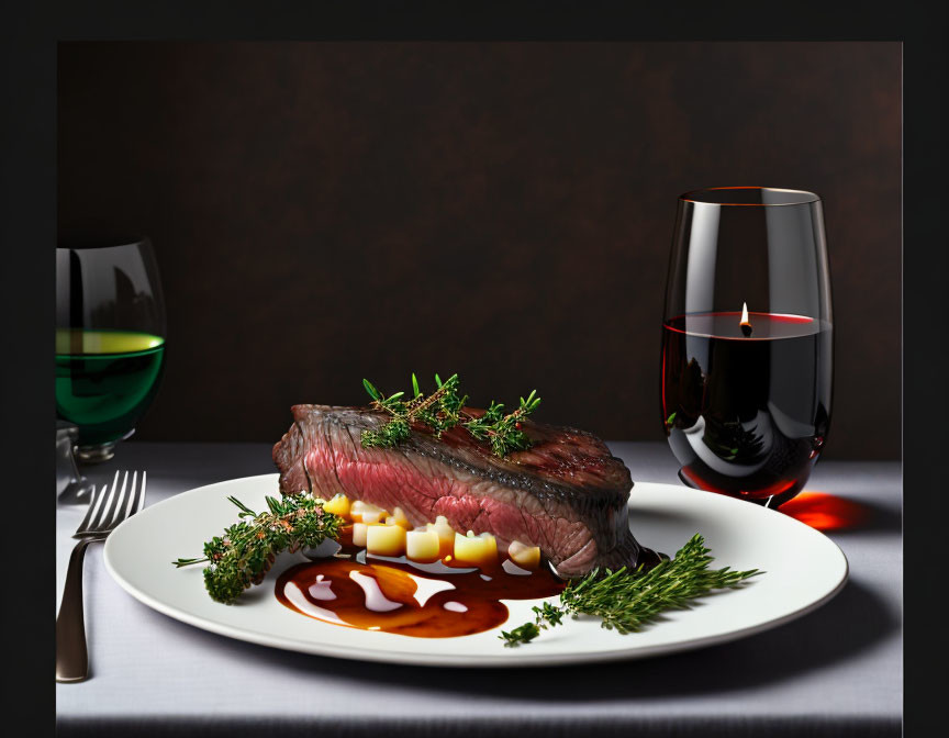 Medium-Rare Steak with Herb Garnish, Sauce, Red Wine, and Green Drink