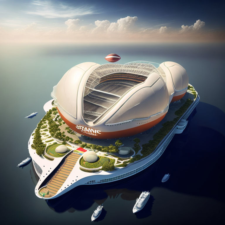 Island stadium with retractable roof surrounded by water and greenery