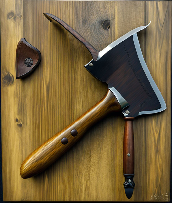 Ornate axe with polished wooden handle and detailed metal blade on wooden surface with matching holster