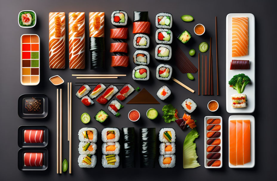 Fresh Sushi and Sashimi Platter with Soy Sauce on Dark Background