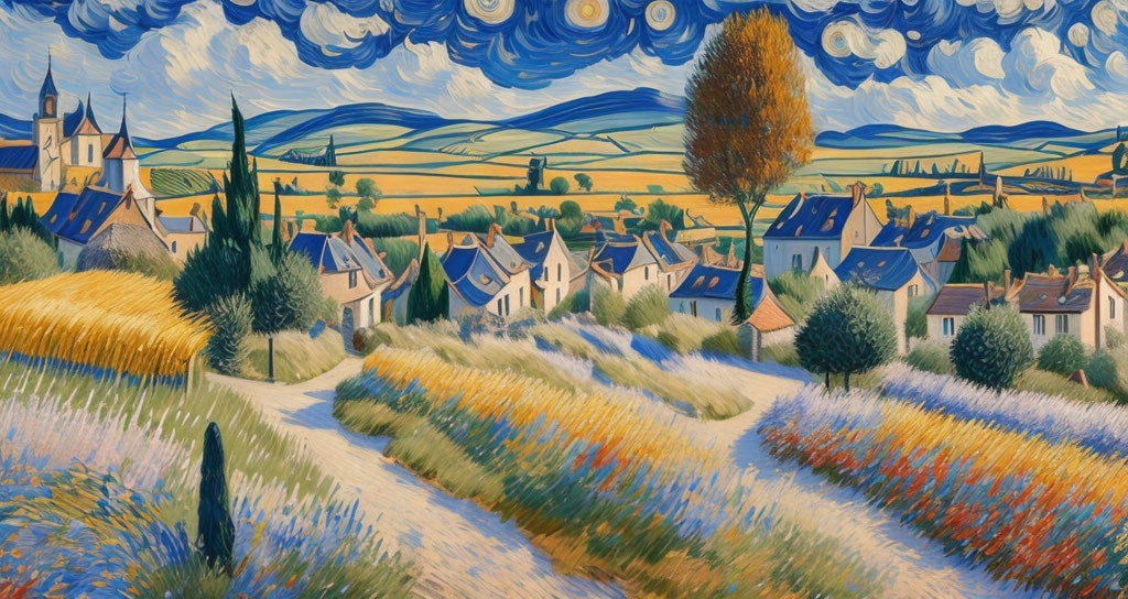 Post-Impressionist Landscape Painting with Swirling Skies and Village