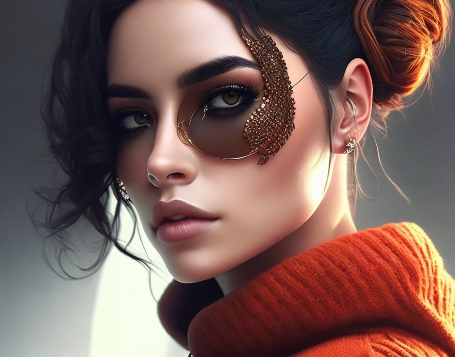 Detailed digital artwork: Woman with golden earring in orange turtleneck, soft-focus backdrop.