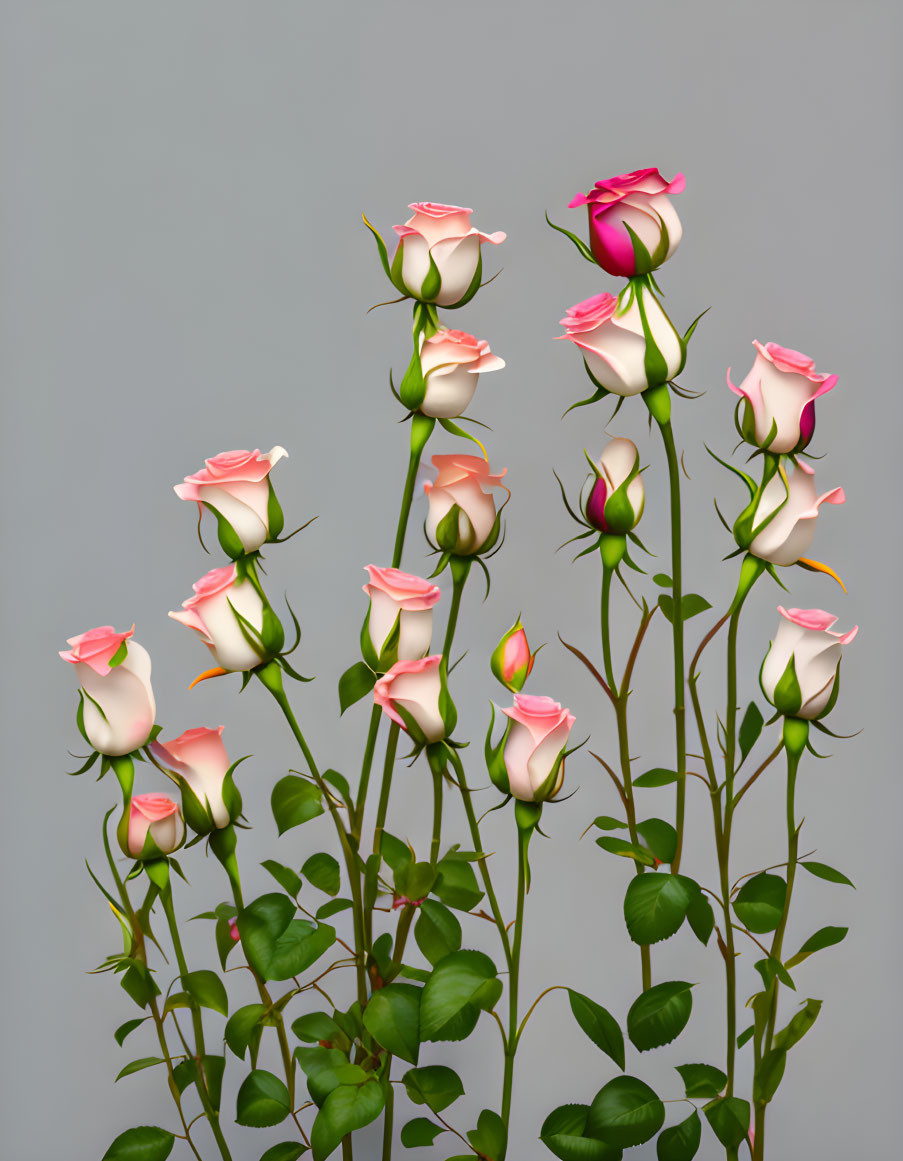 Pink-tipped white roses on grey background.