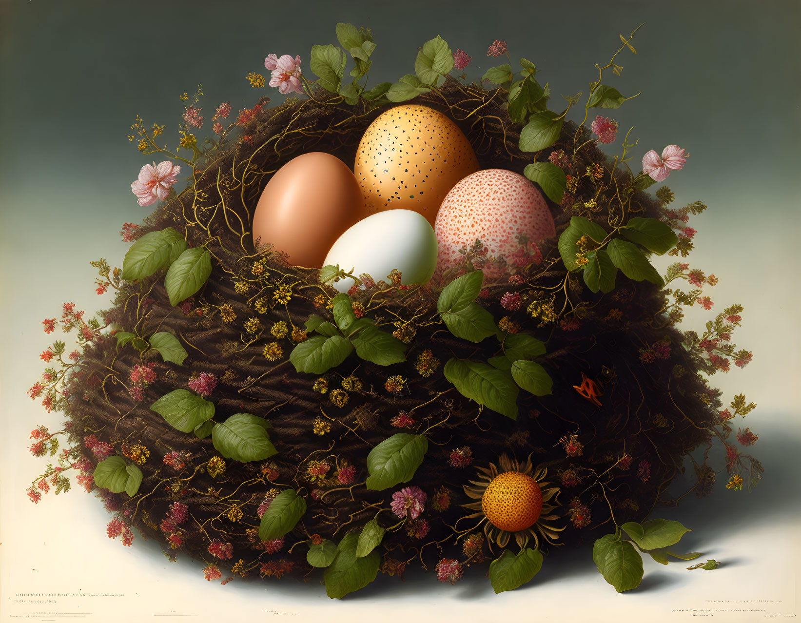 Realistic painting of bird's nest with diverse eggs, twigs, flowers, and lush flora.