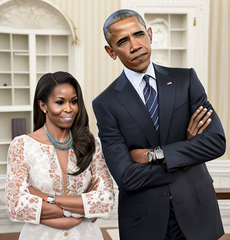 Man and woman posing with crossed arms in suit and lace dress