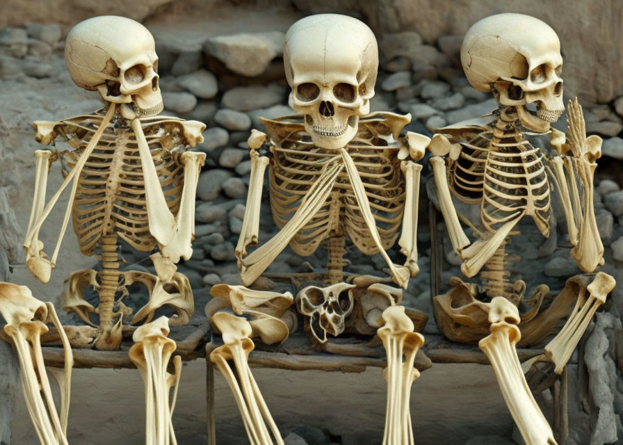 Three faux human skeletons with oversized skulls in humorous poses.