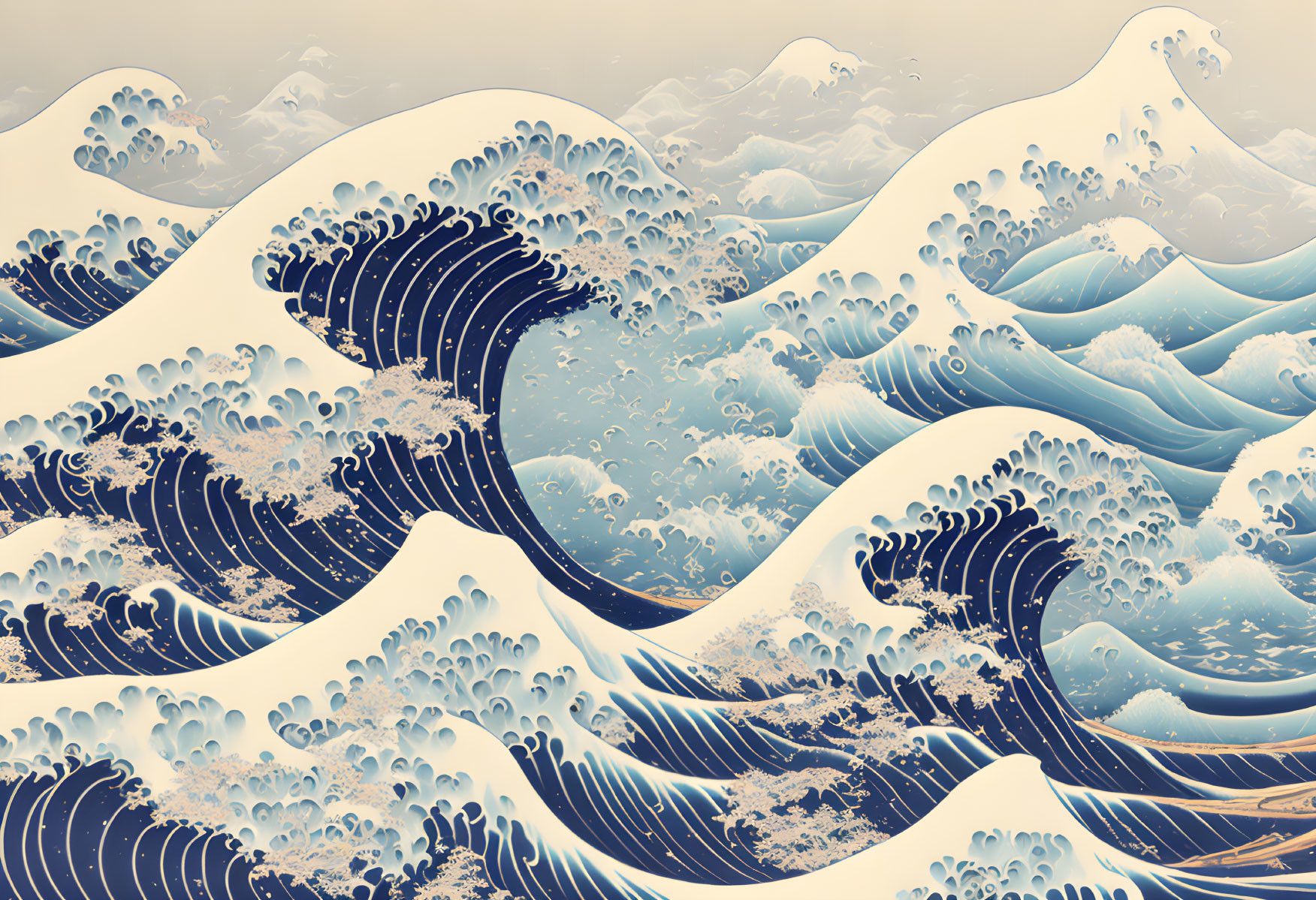 Stylized ocean waves with intricate patterns in blue, white, and beige