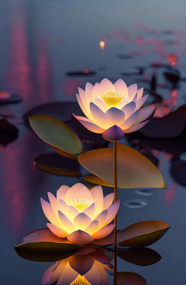 Twilight scene: Illuminated lotus flowers on calm water