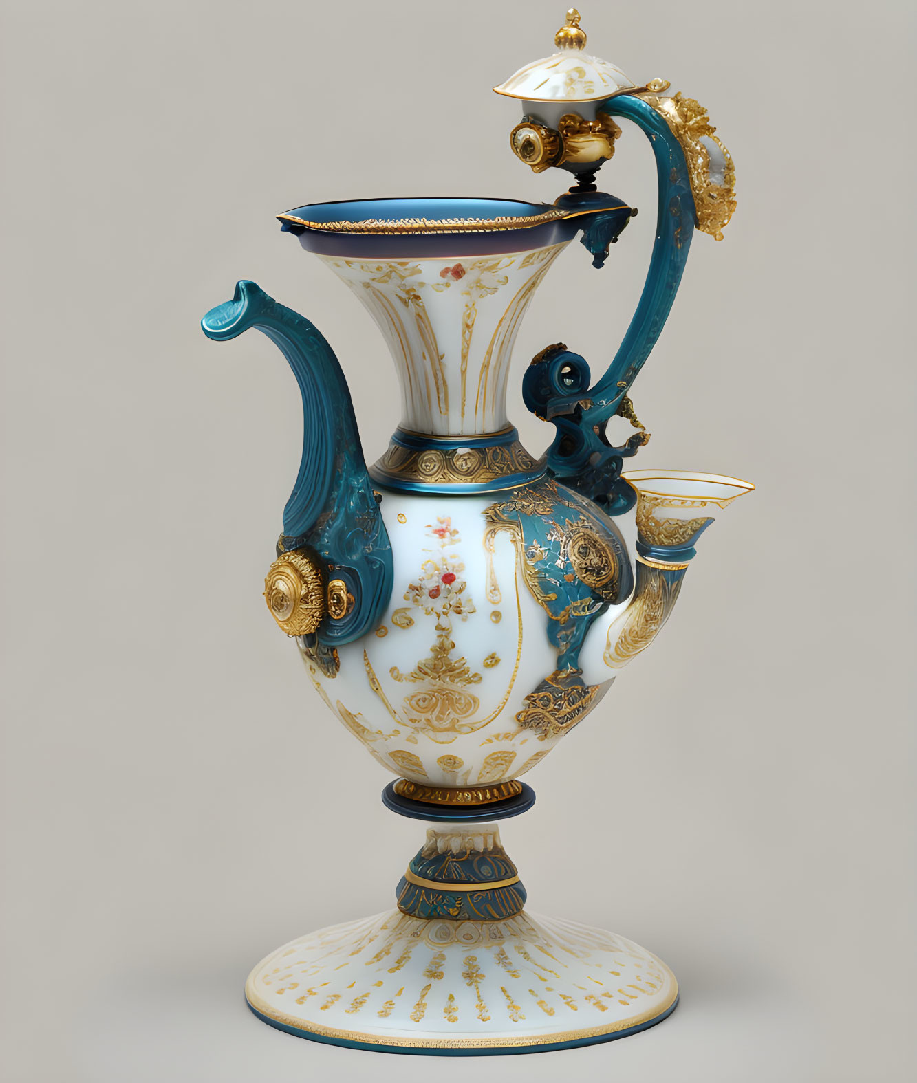 Porcelain ewer with gold accents and floral motifs