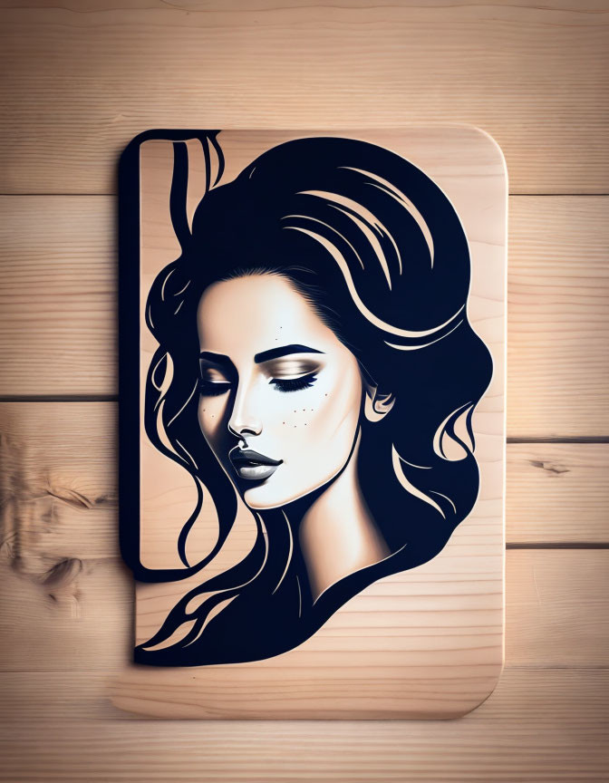 Stylized woman's face with flowing hair on wooden background