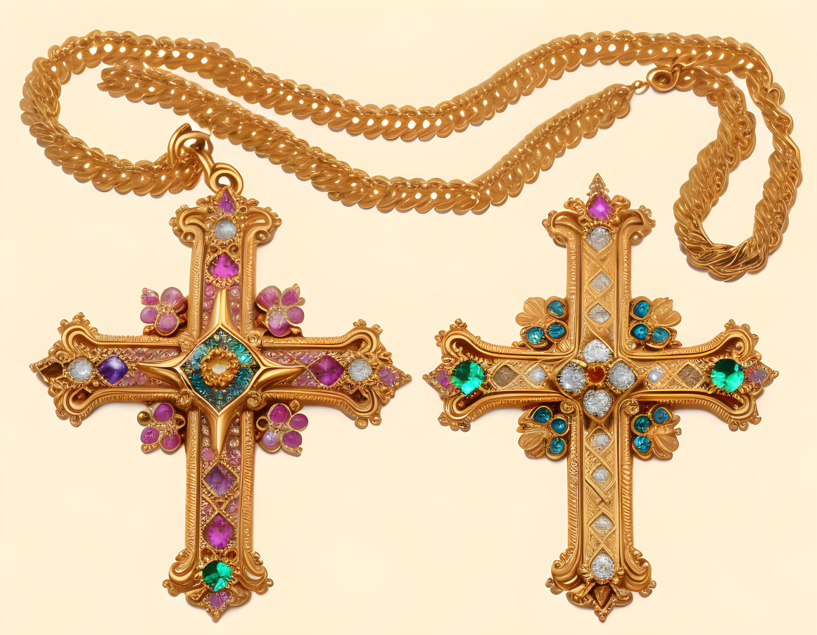 Golden Cross Pendants with Gemstones on Chain Against Beige Background