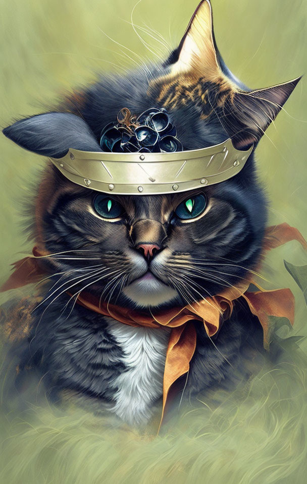 Regal Cat with Green Eyes in Golden Crown on Green Background