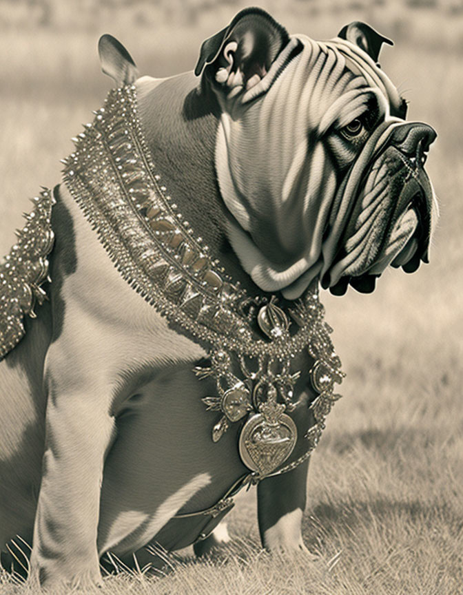 Bulldog in regal, bejeweled costume in black and white