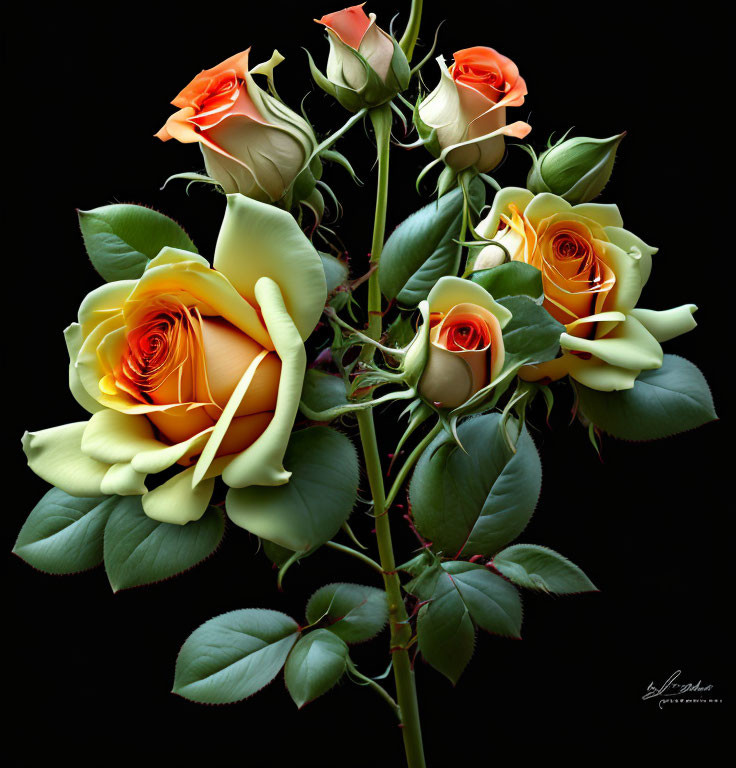 Vibrant Orange and Yellow Roses on Dark Background