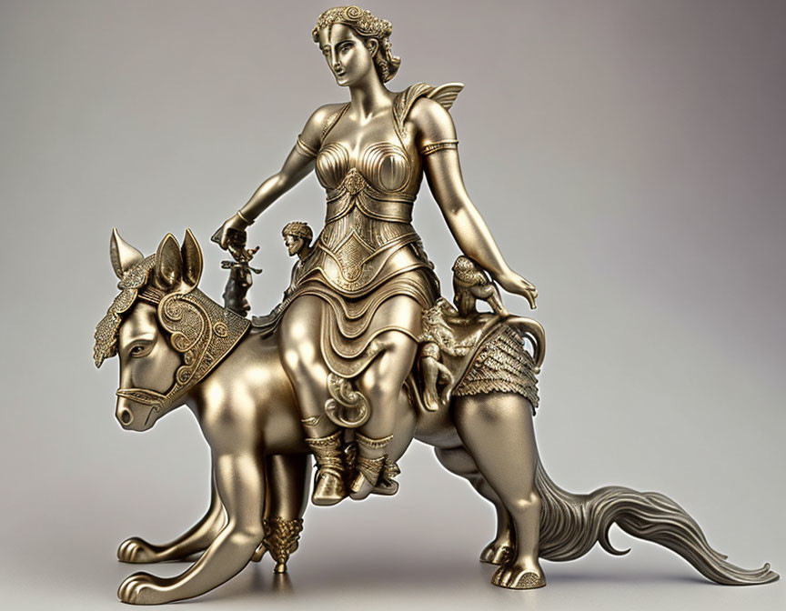 Golden Warrior Woman Statue on Mythical Horse with Intricate Armor