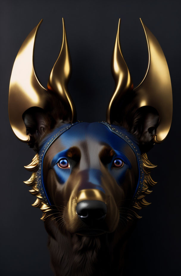 Digital artwork: Dog wearing blue and gold Egyptian headdress