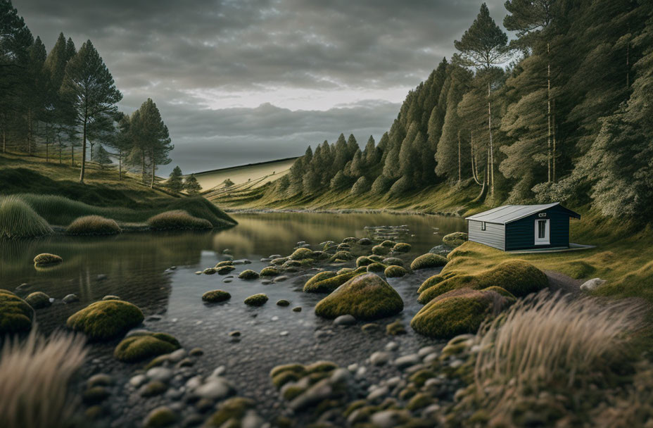 Tranquil landscape: wooden hut by river, mossy rocks, lush trees