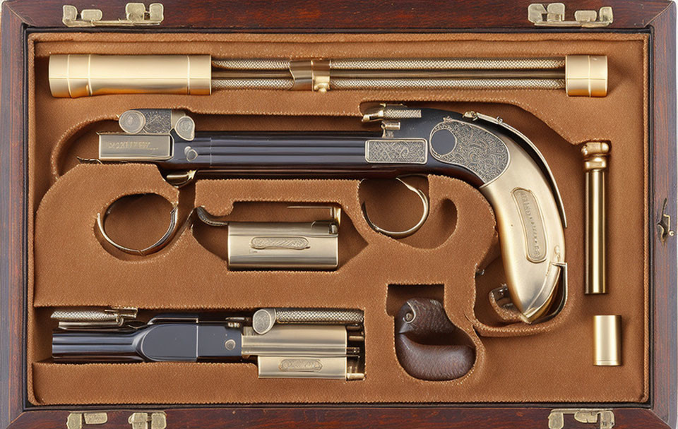 Engraved black and gold pistol in custom wooden box with accessories