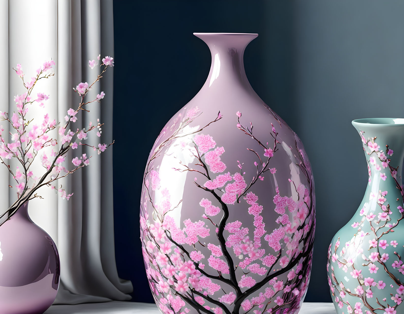 Pink and White Cherry Blossom Vase on Dark Blue Background