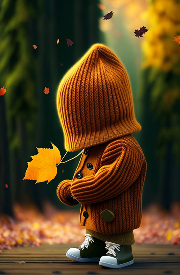 Child in large knitted hat and cozy sweater holding yellow leaf in whimsical autumn scene