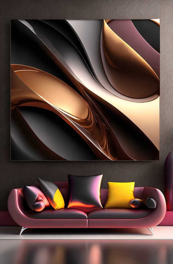 Stylish maroon sofa with colorful pillows and abstract wall art in brown and gold tones