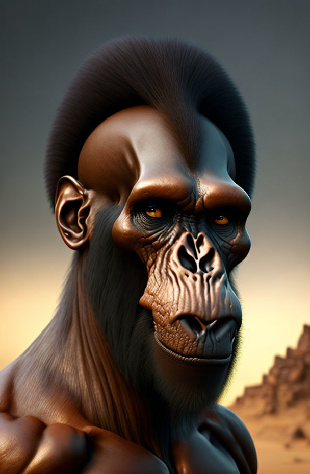 Hyper-realistic brown primate in desert setting with solemn expression