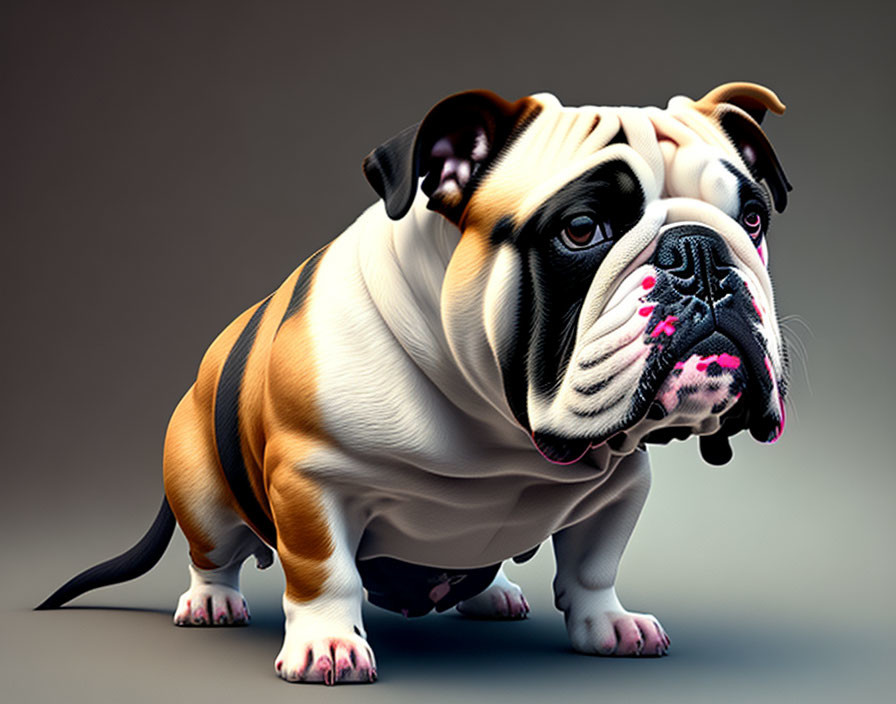 Stylized chubby bulldog with exaggerated features in tan and white coat