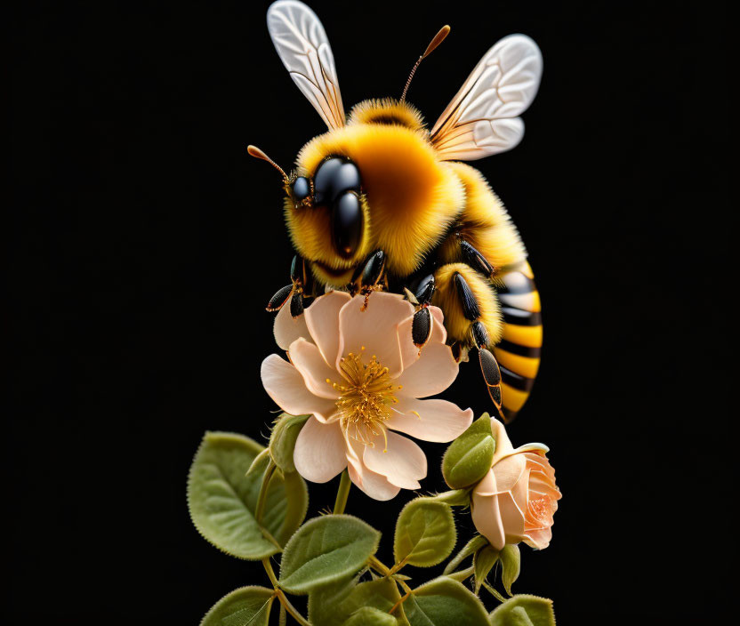 Bee on light pink flower with green leaves on black background