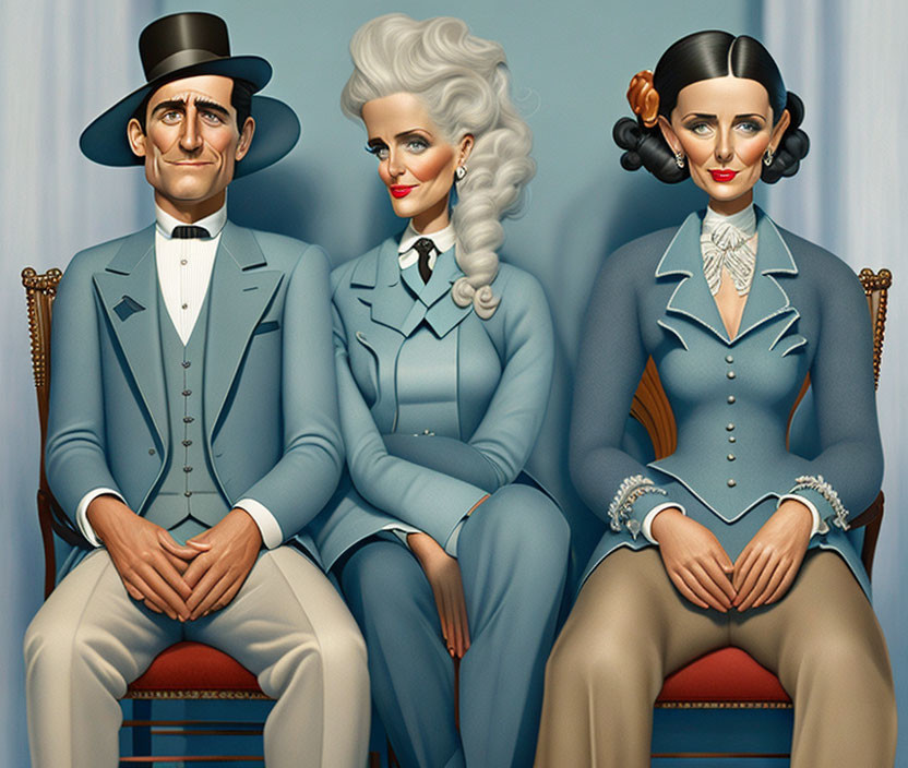 Three Vintage Doll-Like Characters in Formal Attire on Blue Background